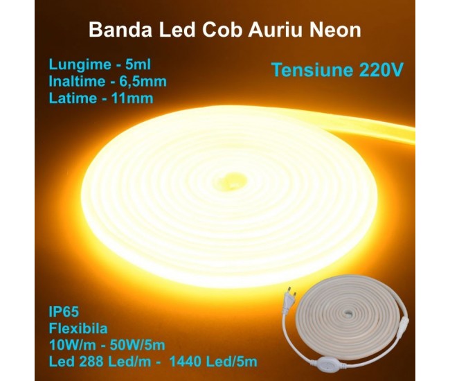 Banda Led Cob Galben Auriu Neon Flex - 288led/m - IP65 / 220V - 10W/ml / Rola 5ml