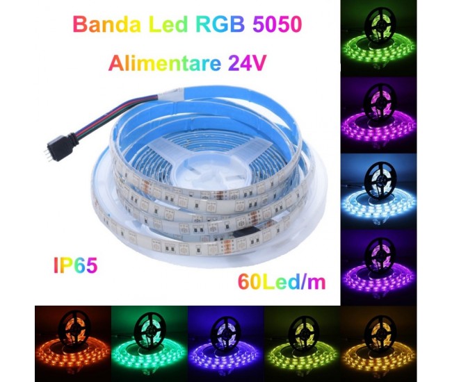 Banda Led RGB 24V- 60Led/m, Exterior IP65 - 5m/Rol