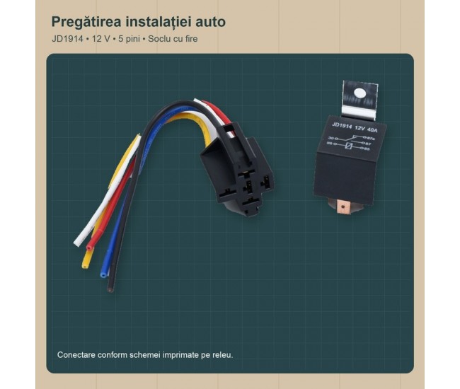Releu Auto 12V 40A cu 5 Pini, Soclu si Fire de 16 cm
