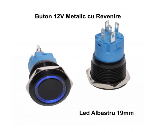 Push Buton Negru 19mm/Led Albastru