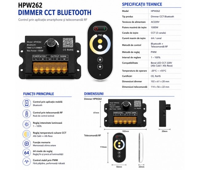 Controler Banda LED CCT 220V 1000W Bluetooth cu Telecomanda RF si Reglaj Manual HPW262