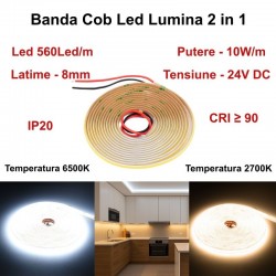 Banda Led Cob 560D/m - Lumina 2 in 1 Alb 2700K-6500K - 24V/2 Fire - 8mm - 10W/m -  RA 90, Protectie IP20 - Rola/5m