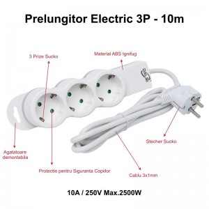 Prelungitor Electric 3 Prize si Protectie Copii, Cablu 3x1mm / 10m