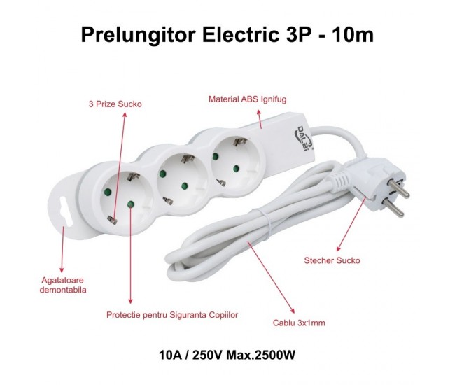 Prelungitor Electric 3 Prize si Protectie Copii, Cablu 3x1mm / 10m