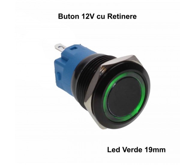 Push Buton Negru 19mm/Retinere cu Led Verde