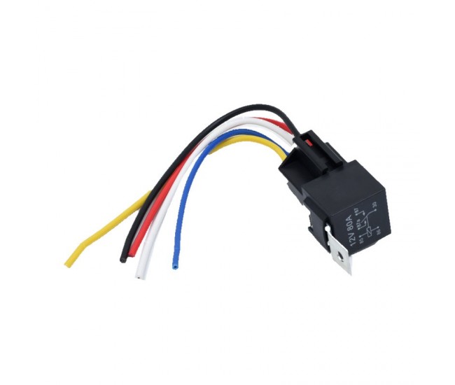 Releu Auto 12V 80A cu 5 Pini, Soclu si Fire de 16 cm