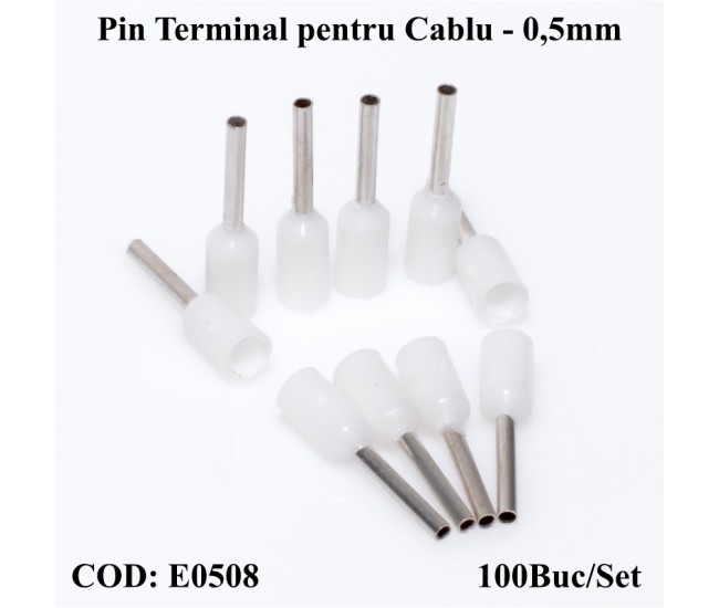 Pin Terminal de Cablu E0508 Alb, 100Buc/Set