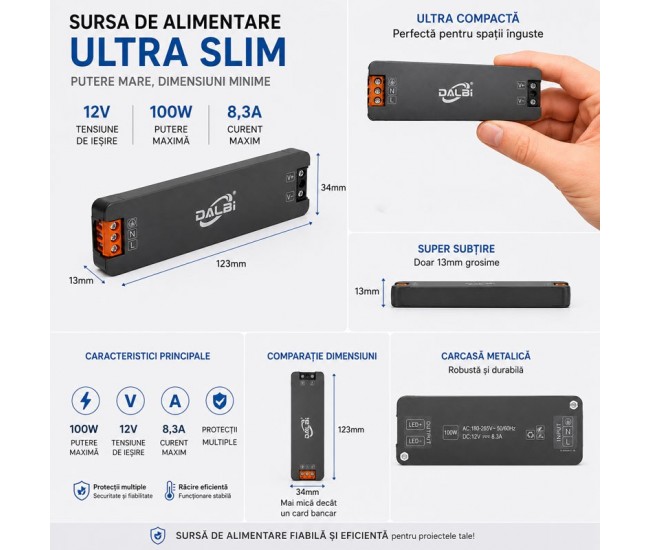 Sursa Alimentare LED 12V 100W 8.3A Ultra Slim 13mm DALBI