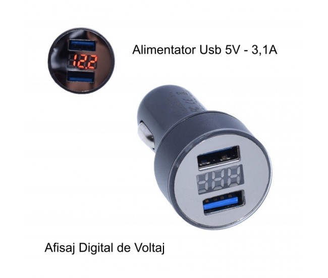 Incarcator Auto 2 x Usb 3,1A cu Voltmetru