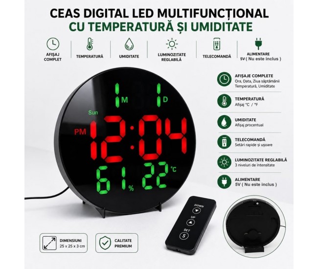 Ceas Digital LED Rotund 26cm Rosu-Verde cu Telecomanda, Temperatura si Umiditate 3813L DALBI