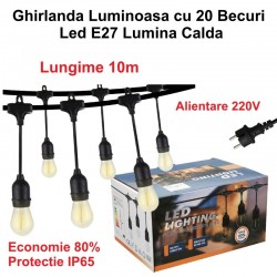 Ghirlanda Luminoasa 10 metri cu 20 Becuri Led E27 Lumina Calda, Alimentare 220V Ghirlanda Luminoasa 10 metri cu 20 Becuri Led E27 Lumina Calda, Alimentare 220V
