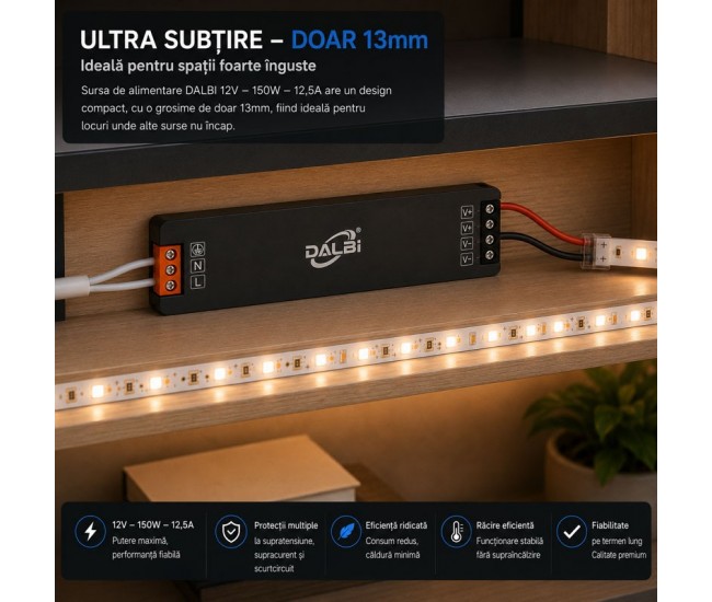 Sursa Alimentare LED 12V 150W 12.5A Ultra Slim 13mm DALBI