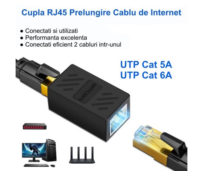 Adaptor RJ45 UTP mama - mama Negru CAT5/6 - cupla retea Ethernet