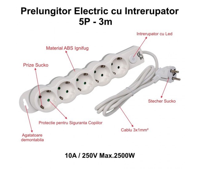 Prelungitor Electric cu Intrerupator, 5 Prize si Protectie Copii, Cablu 3x1mm / 3m