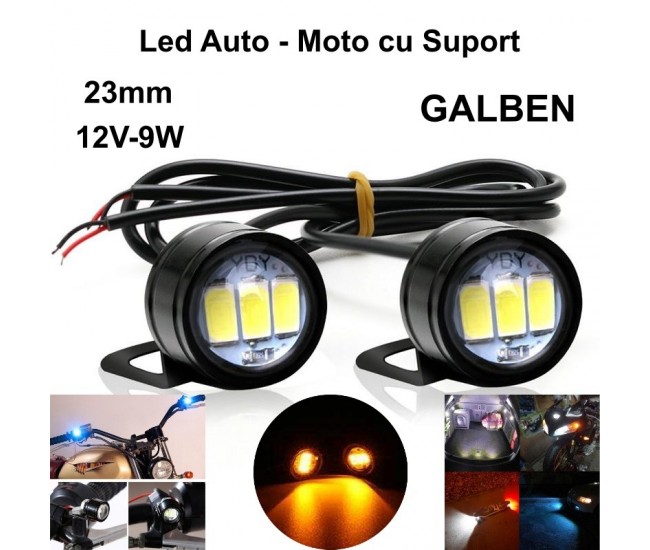 Led Auto 23mm cu Suport / 12V - 9W / GALBEN, 2 Buc/Set