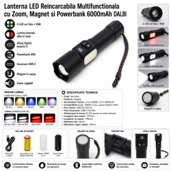 Lanterna LED Reincarcabila 4 LED-uri 6000mAh cu Powerbank, Magnet si Zoom DALBI