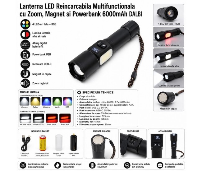 Lanterna LED Reincarcabila 4 LED-uri 6000mAh cu Powerbank, Magnet si Zoom DALBI