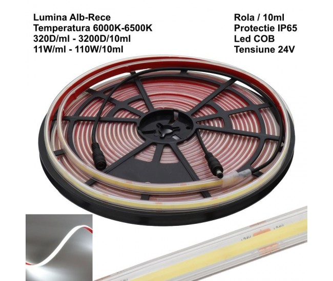Banda Led 320 Cob - 24V - 10mm Alb-Rece 6500K, IP65 Exterior - Rola/10ml