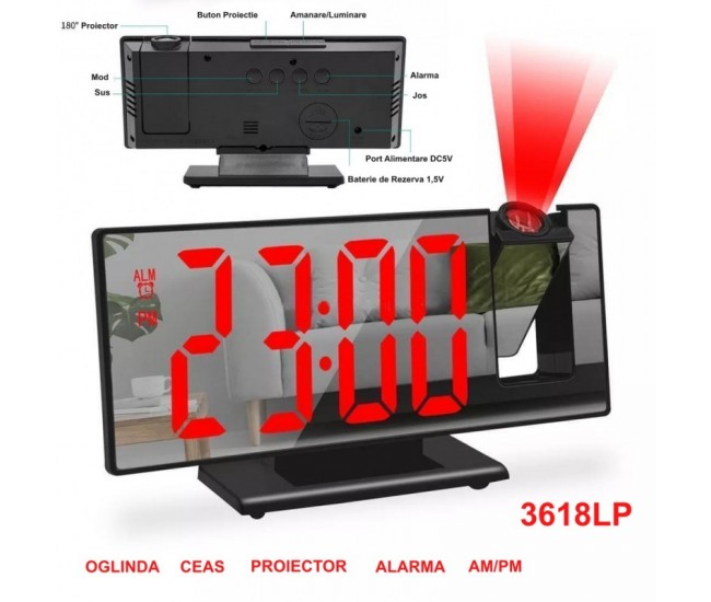 Ceas cu Oglinda si  Proiectie 3618LP / Rosu