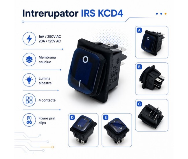 Intrerupator IRS KCD4 16A 250V cu Membrana Cauciuc si Lumina Albastra DALBI