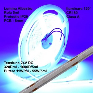 Banda Cob Led 24V - 8mm / 320led/ml - 11W/ml, Albastru - Interior IP20 - 5m/rol