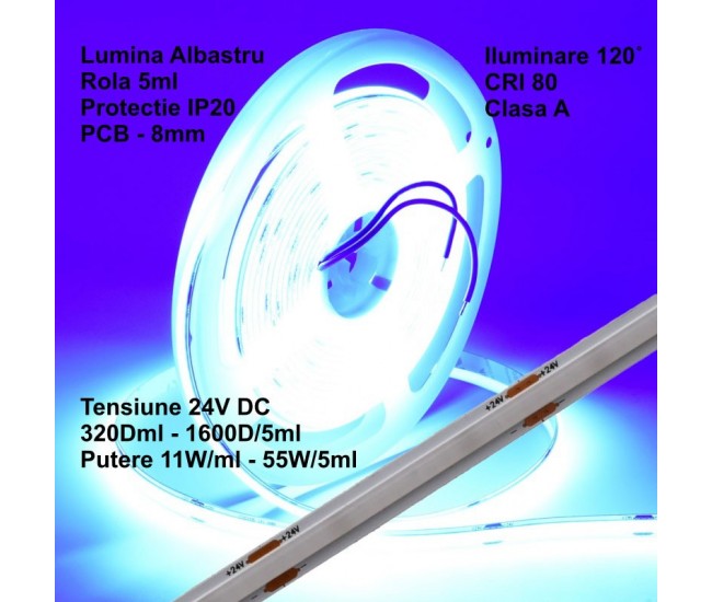 Banda Cob Led 24V - 8mm / 320led/ml - 11W/ml, Albastru - Interior IP20 - 5m/rol