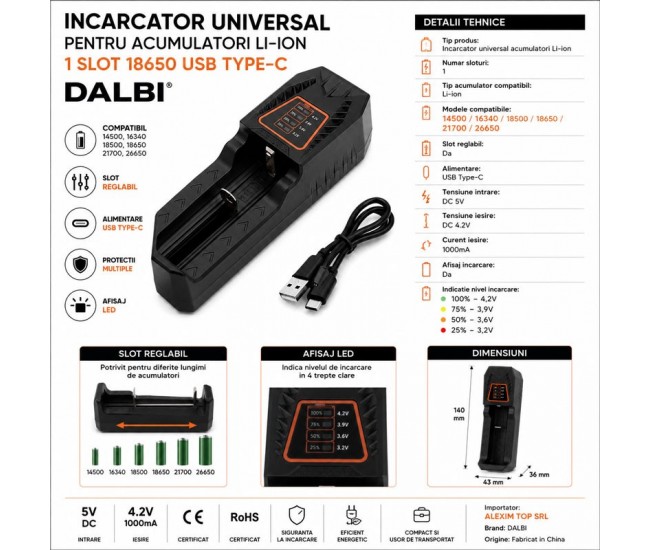 Incarcator Universal pentru Acumulatori Li-ion 1 Slot 18650 USB Type-C DALBI