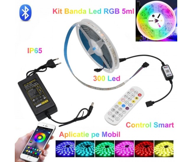 Kit Banda Led 5050 RGB IP65 / 5m cu Bluetooth + Telecomanda