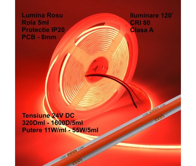 Banda Cob Led 24V - 8MM / 320led/ml - 11W/ml, Rosu - Interior IP20 - 5m/rol