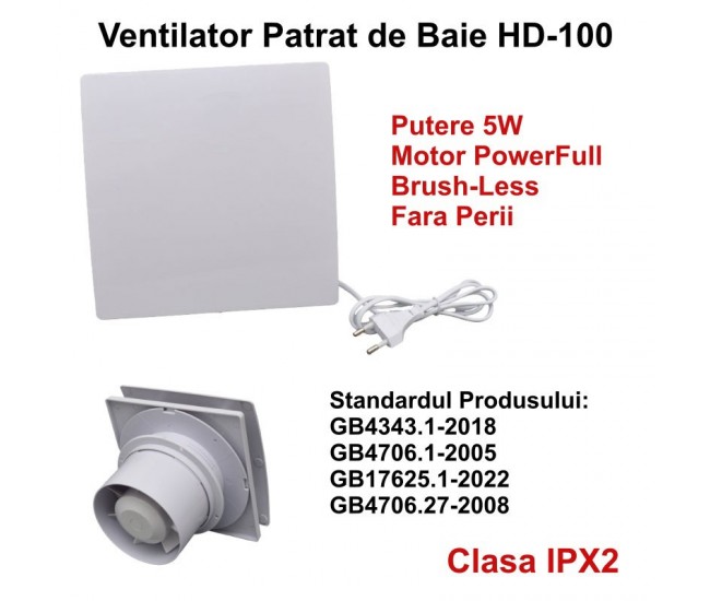 Ventilator Patrat de Baie HD100 - 5W / Motor fara Perii