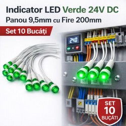 Indicator LED Verde 24V DC Panou 9,5mm cu Fire 20cm Set 10 Bucati