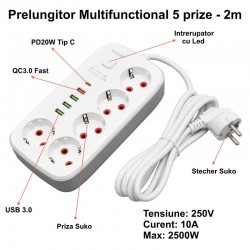 Prelungitor Multifunctional 5 prize - 2m cu 4 x USB 2,1A - PD si Intrerupator Prelungitor Multifunctional 5 prize - 2m cu 4 x USB 2,1A - PD si Intrerupator