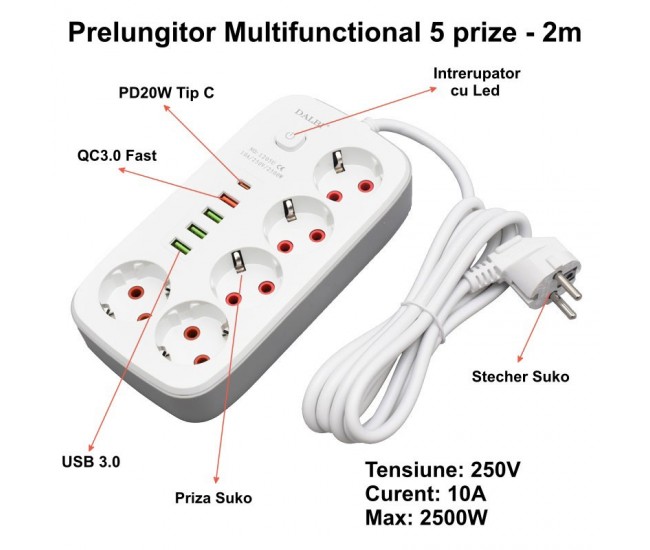 Prelungitor Multifunctional 5 prize - 2m cu 4 x USB 2,1A - PD si Intrerupator