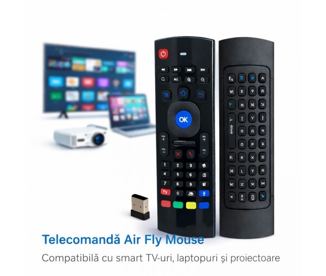 Telecomanda Universala Inteligenta Air Fly Mouse MX-3 cu Comanda Vocala, Wireless, pentru Smart TV, Android TV, PC si Proiector
