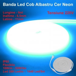 Banda Led Cob Albastru Cer Neon Flex - 288led/m - IP65 / 220V - 10W/ml / Rola 5ml