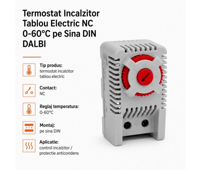 Termostat Tablou Electric NC 0-60°C pentru Incalzire pe Sina DIN DALBI
