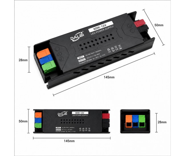Sursa Alimentare LED 12V 60W 5A Slim cu Conectare Rapida Push-In, Carcasa Aluminiu DALBI