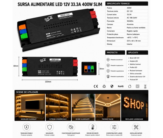 Sursa Alimentare LED 12V 400W 33.3A Slim cu Conectare Rapida Push-In, Carcasa Aluminiu DALBI