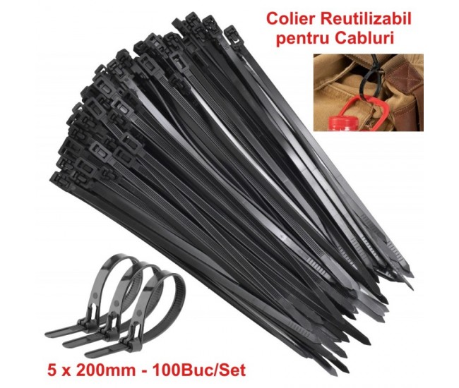 Colier de Plastic Reutilizabil 5x200mm Negru  - 100Buc/Set