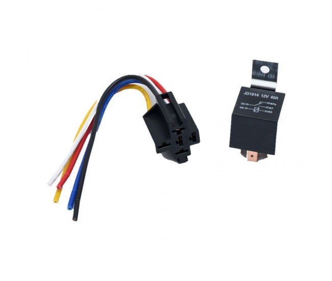 Releu Auto 12V 40A cu 5 Pini, Soclu si Fire de 16 cm