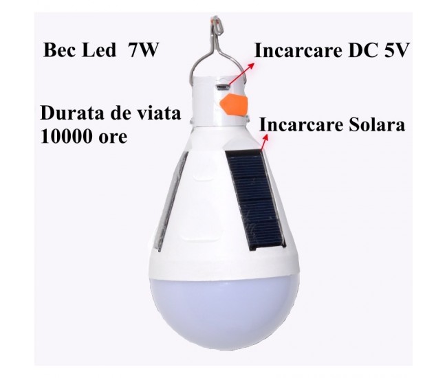 Bec Led 7W cu Incarcare Solara + DC 5V