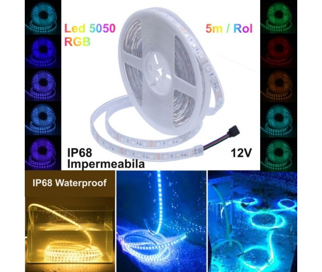 Banda Led RGB 5050 Submersibila - 300Led -12V - IP68, 5m/Rola