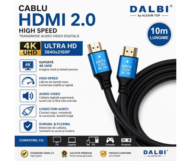 Cablu HDMI 2.0 4K UHD High Speed HDTV DALBI 10m