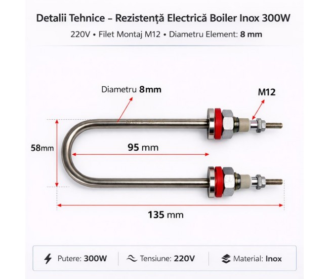 Rezistenta Boiler Inox 300W 220V Filet M12 Element 8mm Tip U