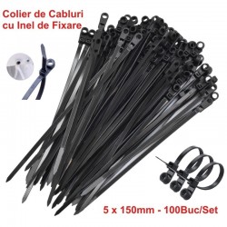 Colier de Plastic Negru 5 x 150mm, cu Cap Montabil - 100b/Set Colier de Plastic Negru 5 x 150mm, cu Cap Montabil - 100b/Set