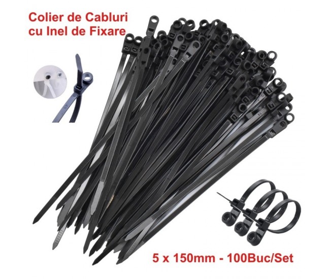 Colier de Plastic Negru 5 x 150mm, cu Cap Montabil - 100b/Set