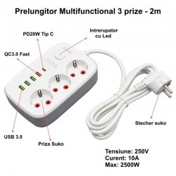 Prelungitor Multifunctional 3 prize - 2m cu 4 x USB 2,1A - PD si Intrerupator Prelungitor Multifunctional 3 prize - 2m cu 4 x USB 2,1A - PD si Intrerupator