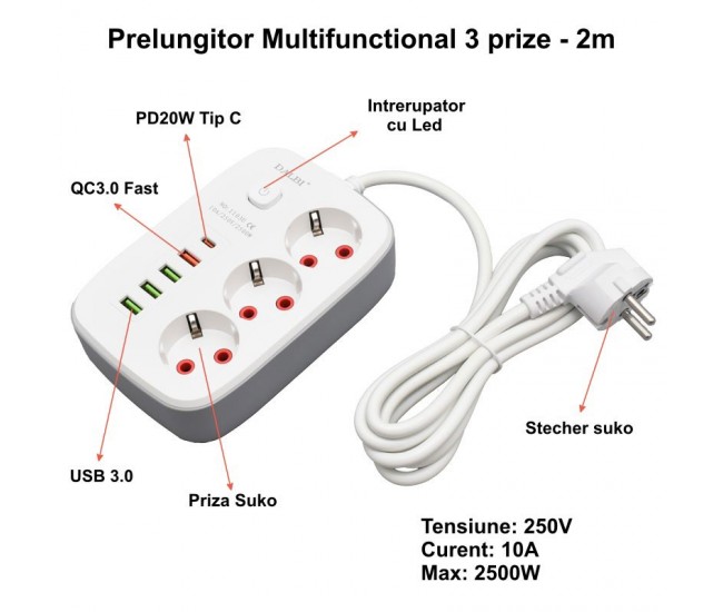 Prelungitor Multifunctional 3 prize - 2m cu 4 x USB 2,1A - PD si Intrerupator