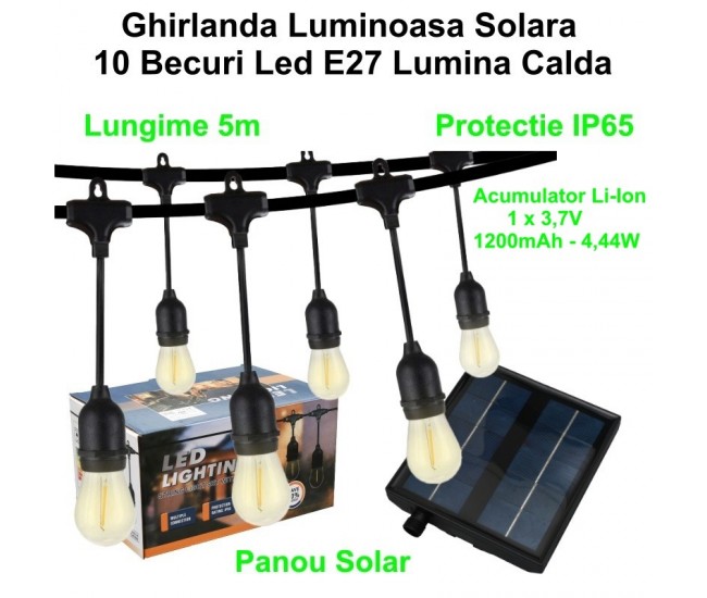 Ghirlanda Luminoasa cu Incarcare Solara, 5 metri cu 10 Becuri Led E27 Lumina Calda