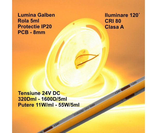 Banda Cob Led 24V - 8mm / 320led/ml - 11W/ml, Galben - Interior IP20 - 5m/rol